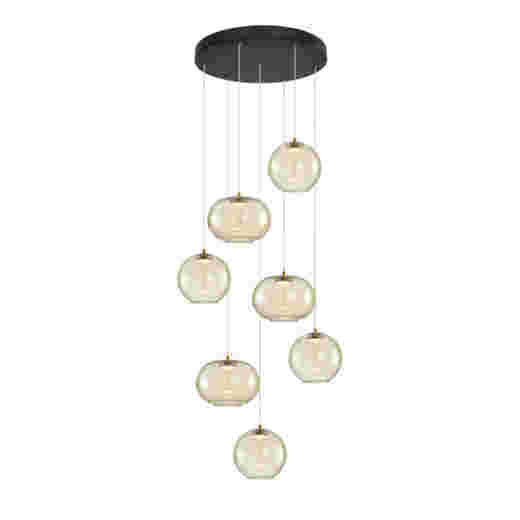 MONTREAL 28W 3000K MATT BLACK/BRASS/COGNAC GLASS 7 LIGHT LED PENDANT